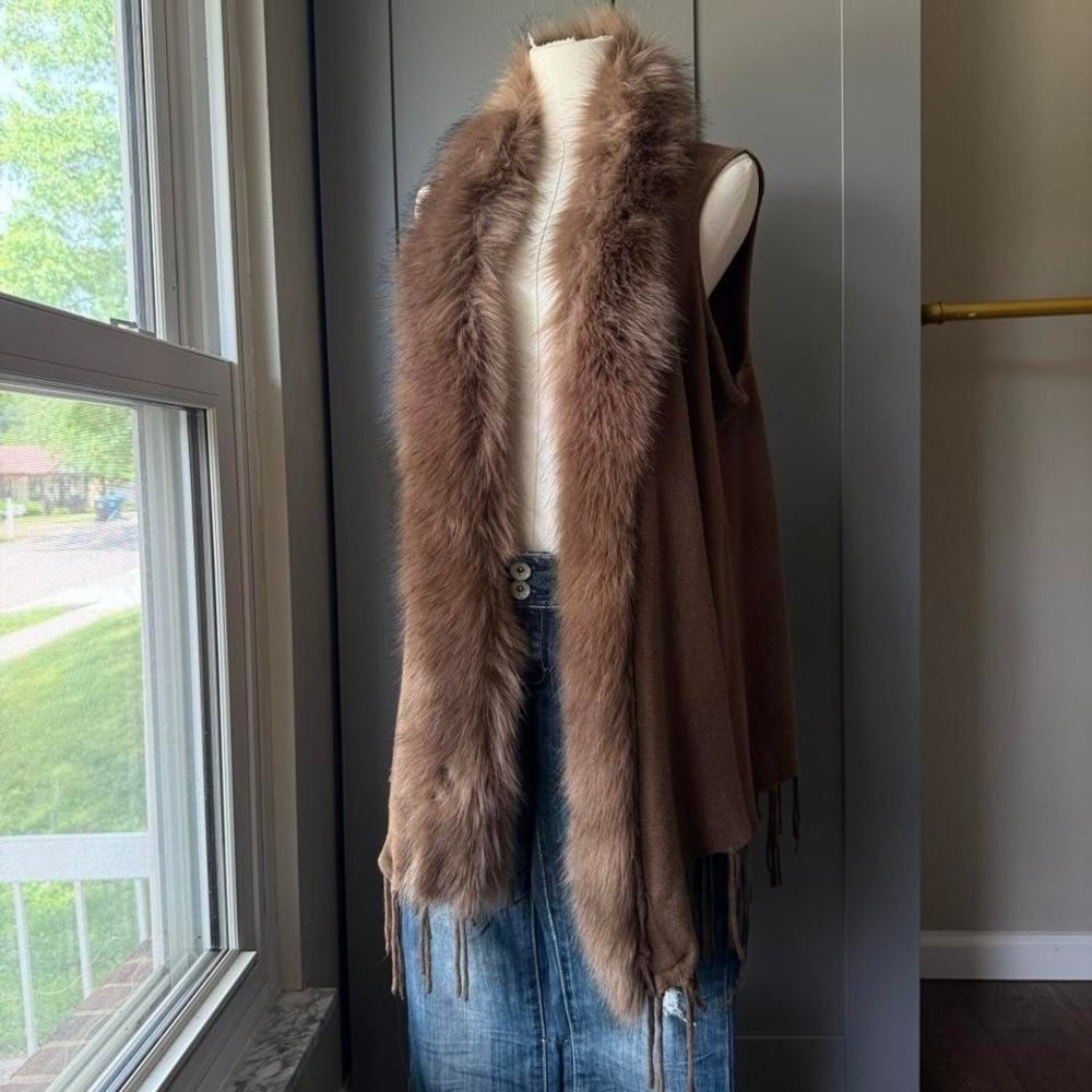 Origami Brown Faux Fur Fringe Sweater Vest Shawl Wrap One Size